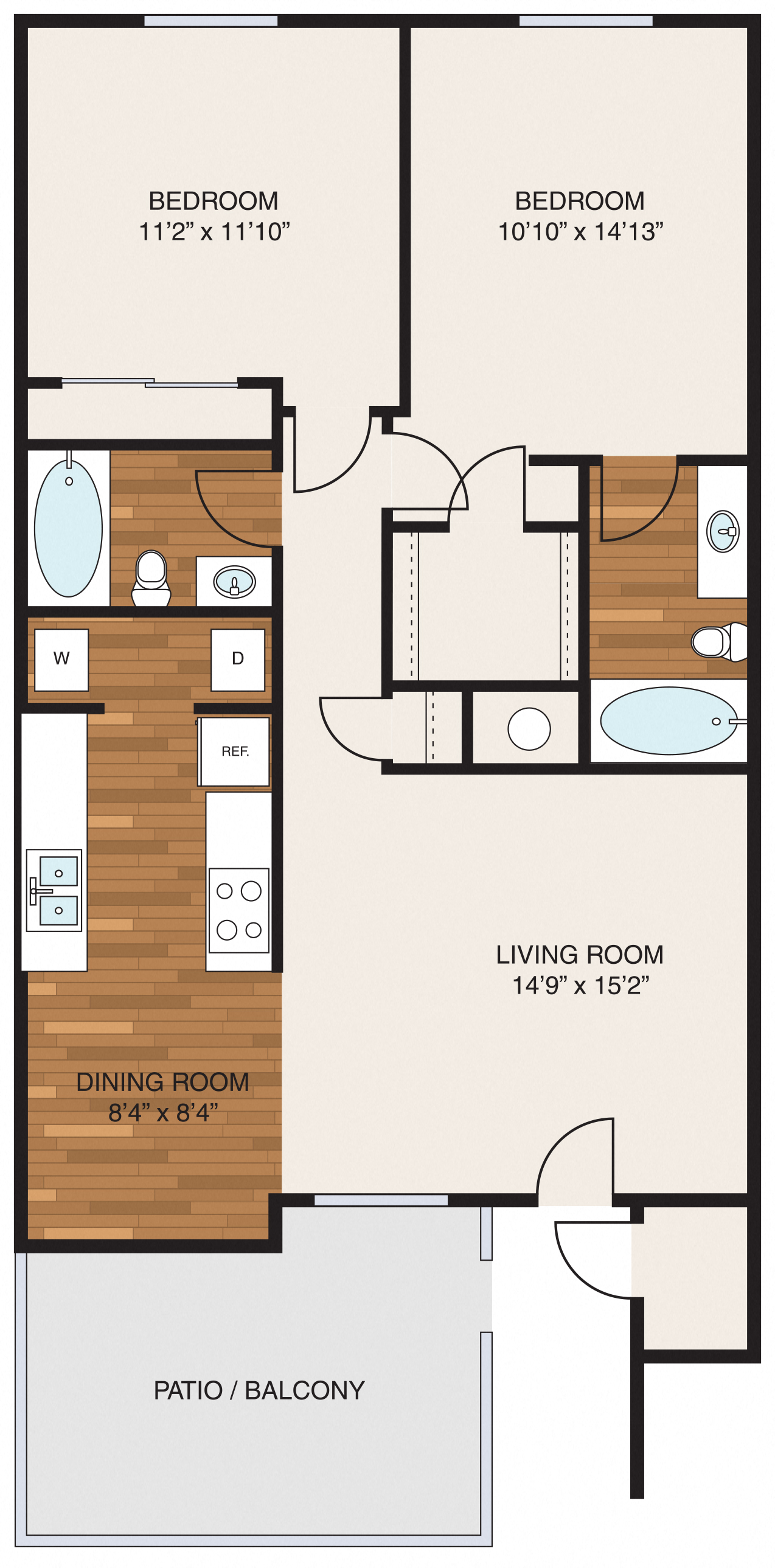 Floor plan for 2 beds, 2 baths, 980 sqft